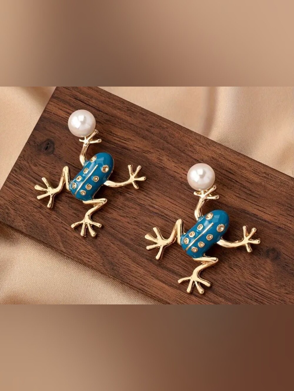 Gold Frog Faux Pearl Stud Earrings with Blue Enamel